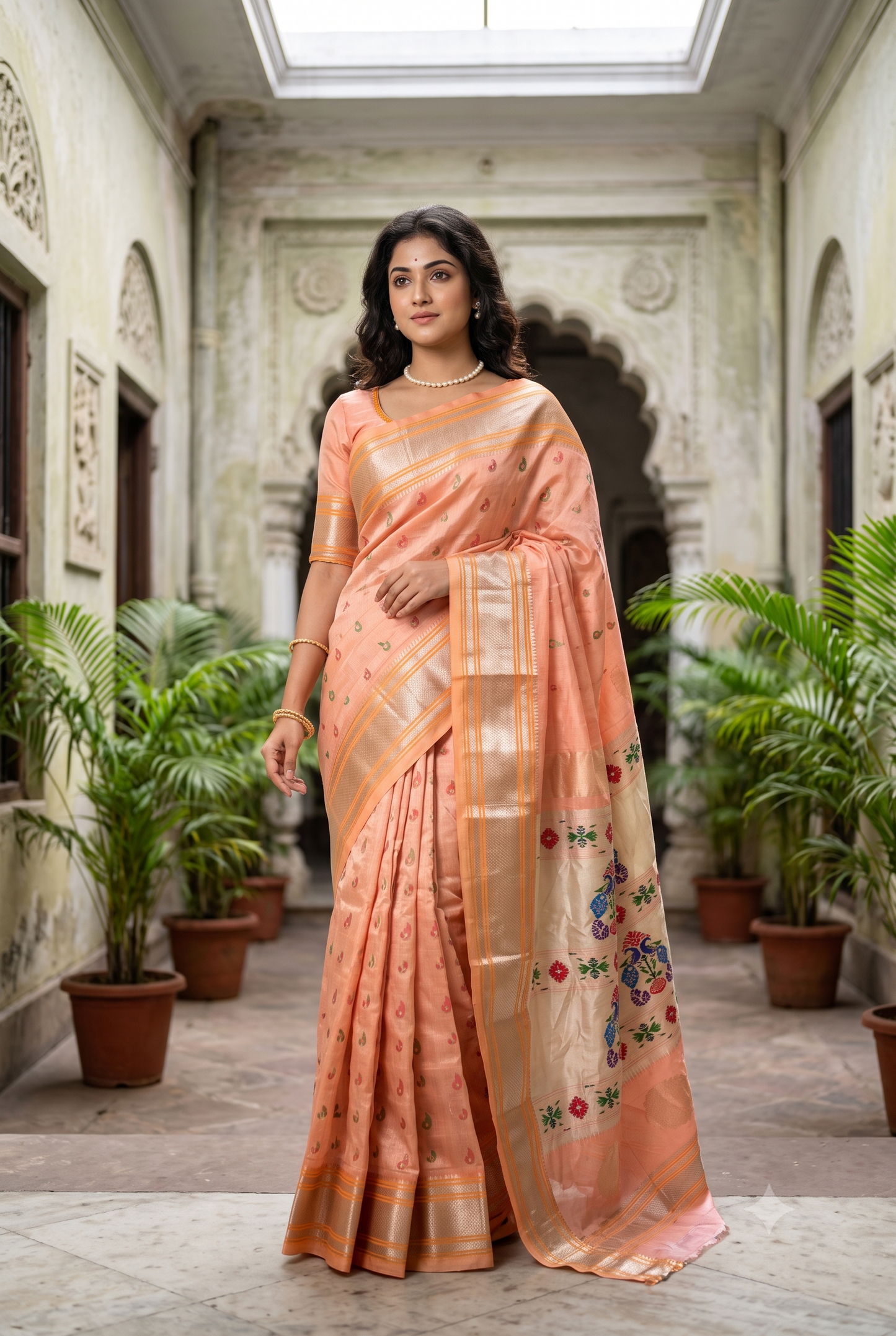 Peach Gadwal Silk Sarees With Paithani Work, With Unstiched Blouse