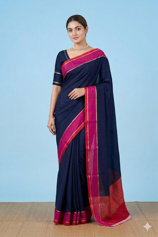 Dark Navy Blue Mysore Crepe Silk Saree With Unstiched Contrast Blouse