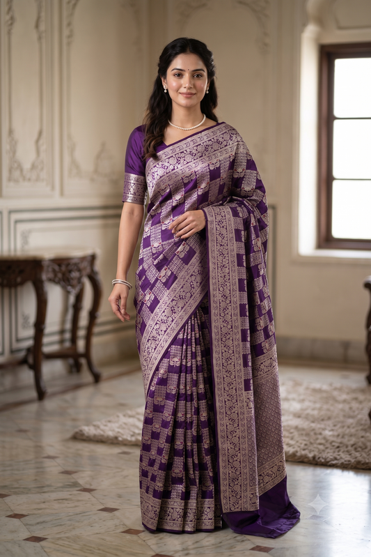 Purple Uppada Banarasi Silk Saree, With Unstiched Blouse