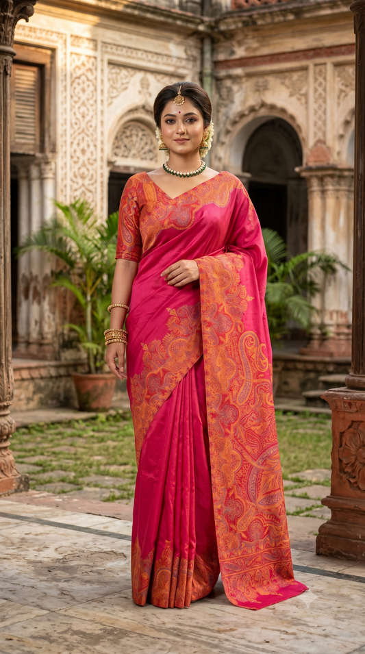 Rani Pure Kani Handloom Silk Saree With Floral Woven Blouse