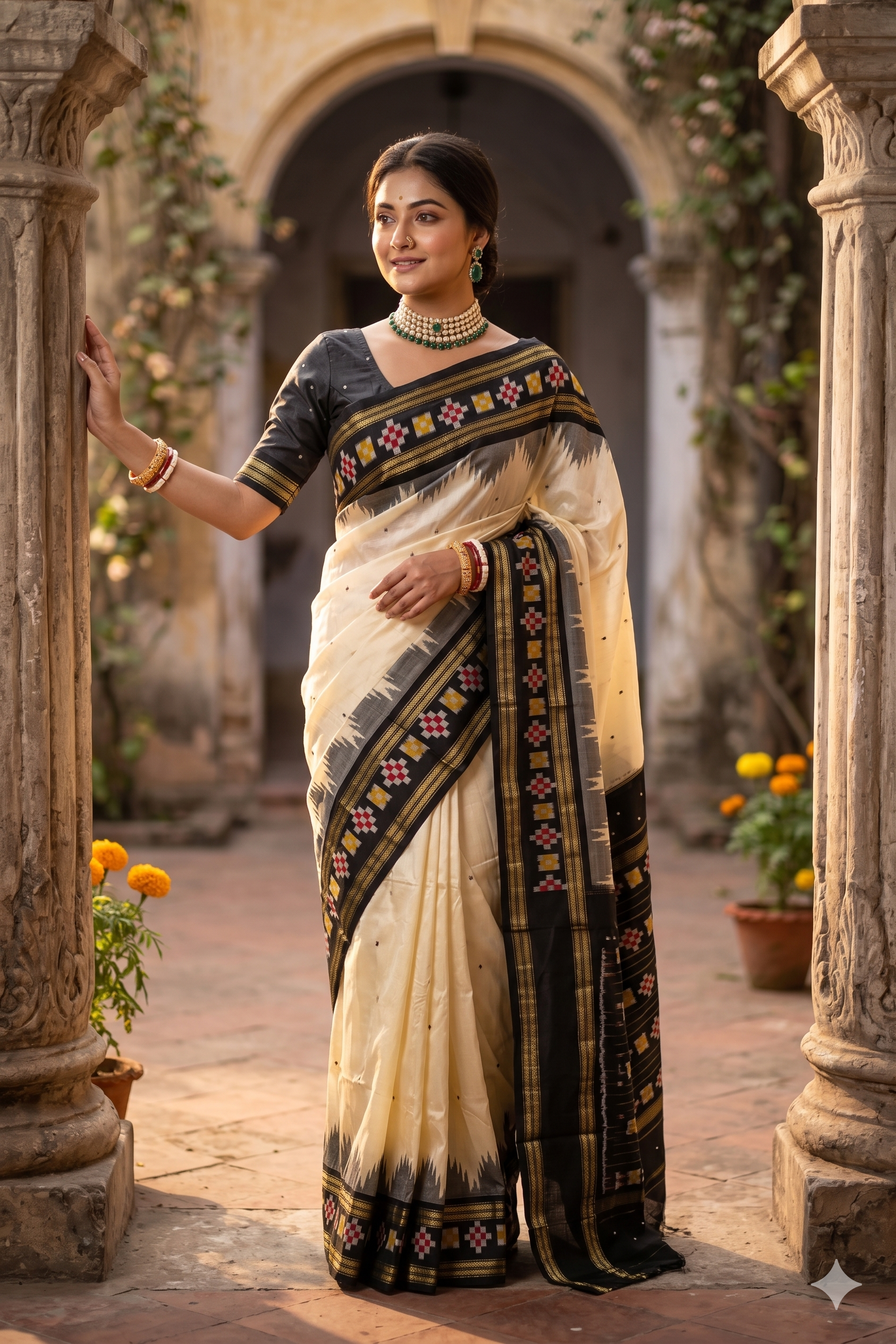 Off-White Pochampally Ikat silk saree with traditional design and matching unstiched blouse, crafted by Saarang Sarees.