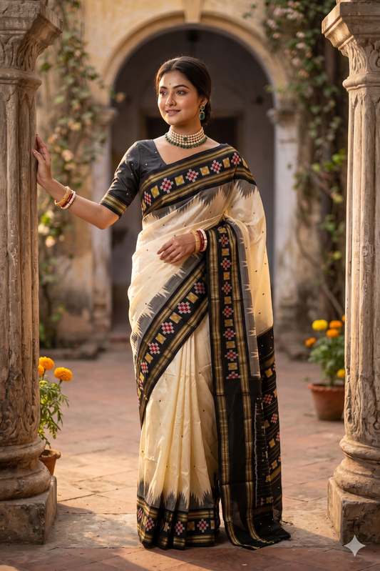 Off-White Pochampally Ikat silk saree with traditional design and matching unstiched blouse, crafted by Saarang Sarees.
