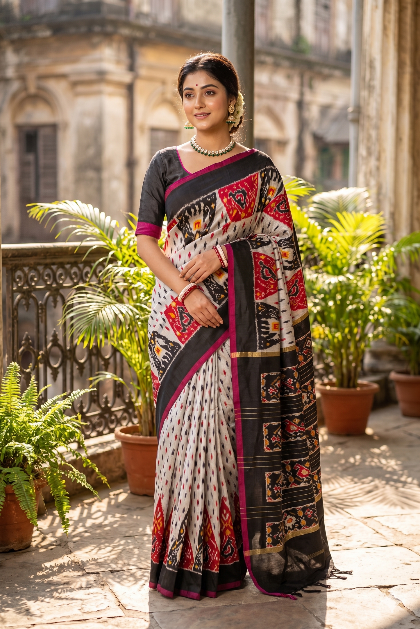 Traditional Multi Pochampally Ikat Silk Saree by Saarang Sarees with unstiched blouse, featuring vibrant ikat patterns and rich silk texture.