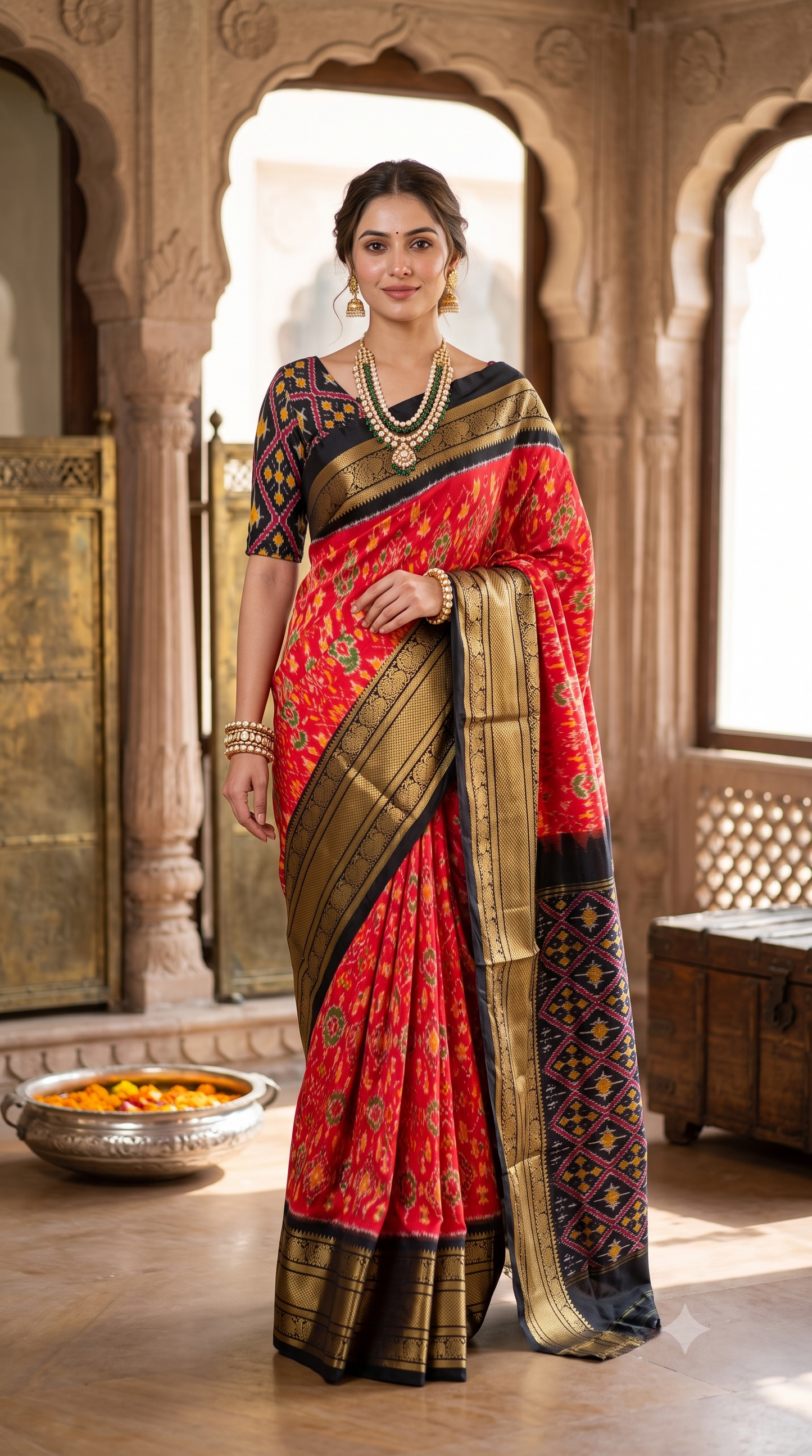 Red Pochampally Ikat Silk Saree, With Unstiched Blouse