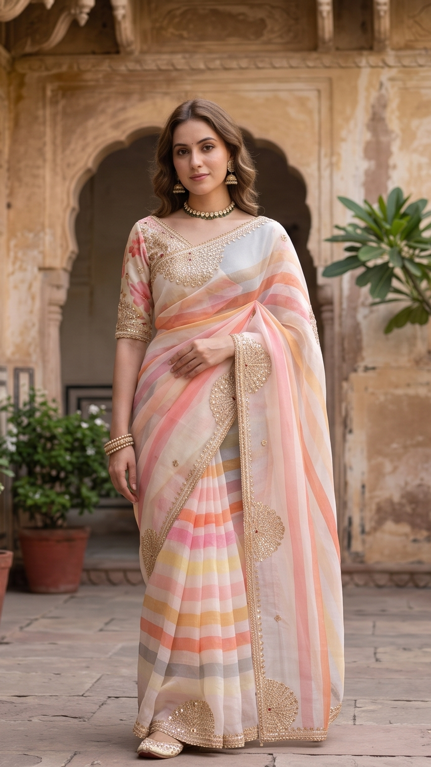 Off-White Organza Gota Patti Work Saree, With Unstiched Blouse