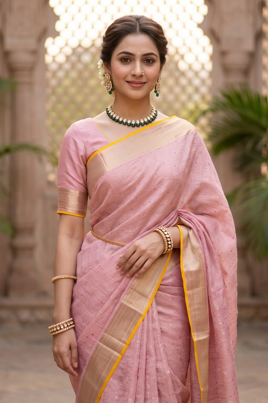 Pink Mysore Crepe Silk Banarasi Saree, With Unstiched Blouse