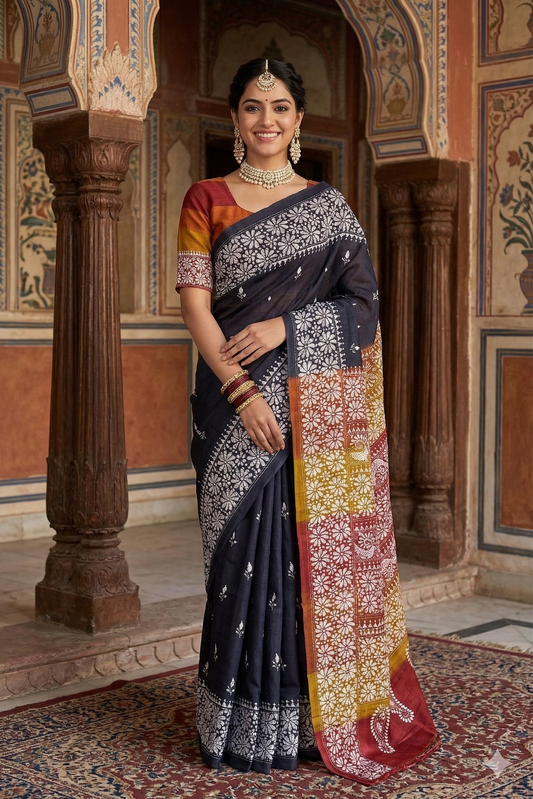 Black Tussar embroidery saree with kantha work border and matching unstitched blouse, traditional Indian wear by Saarang Sarees.