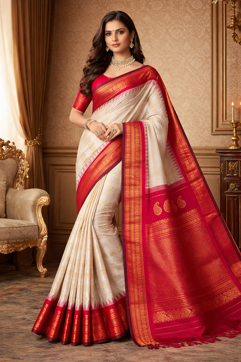 Offwhite Gadwal Silk Saree With Unstiched Contrast Blouse