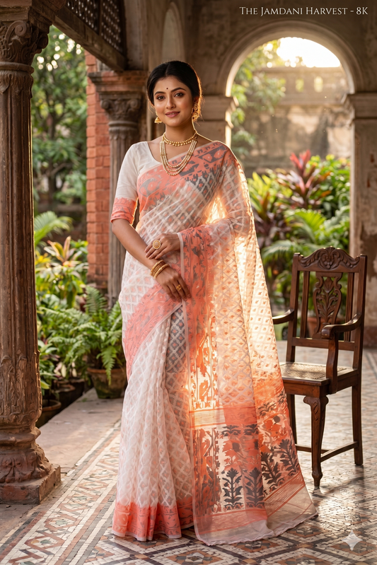 Off-White Muslin Jamdani Saree, With Unstiched Blouse
