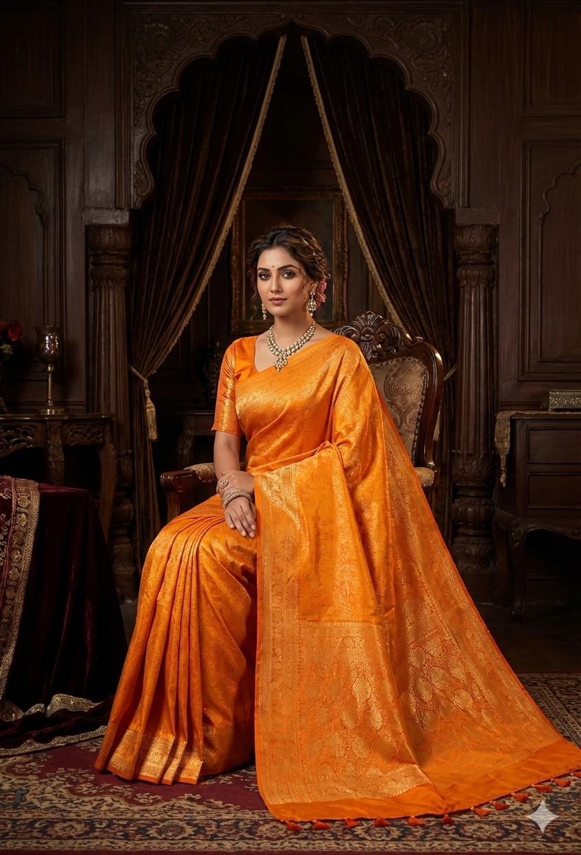 Orange Mashru Brocade Silk Saree With Unstiched Blouse