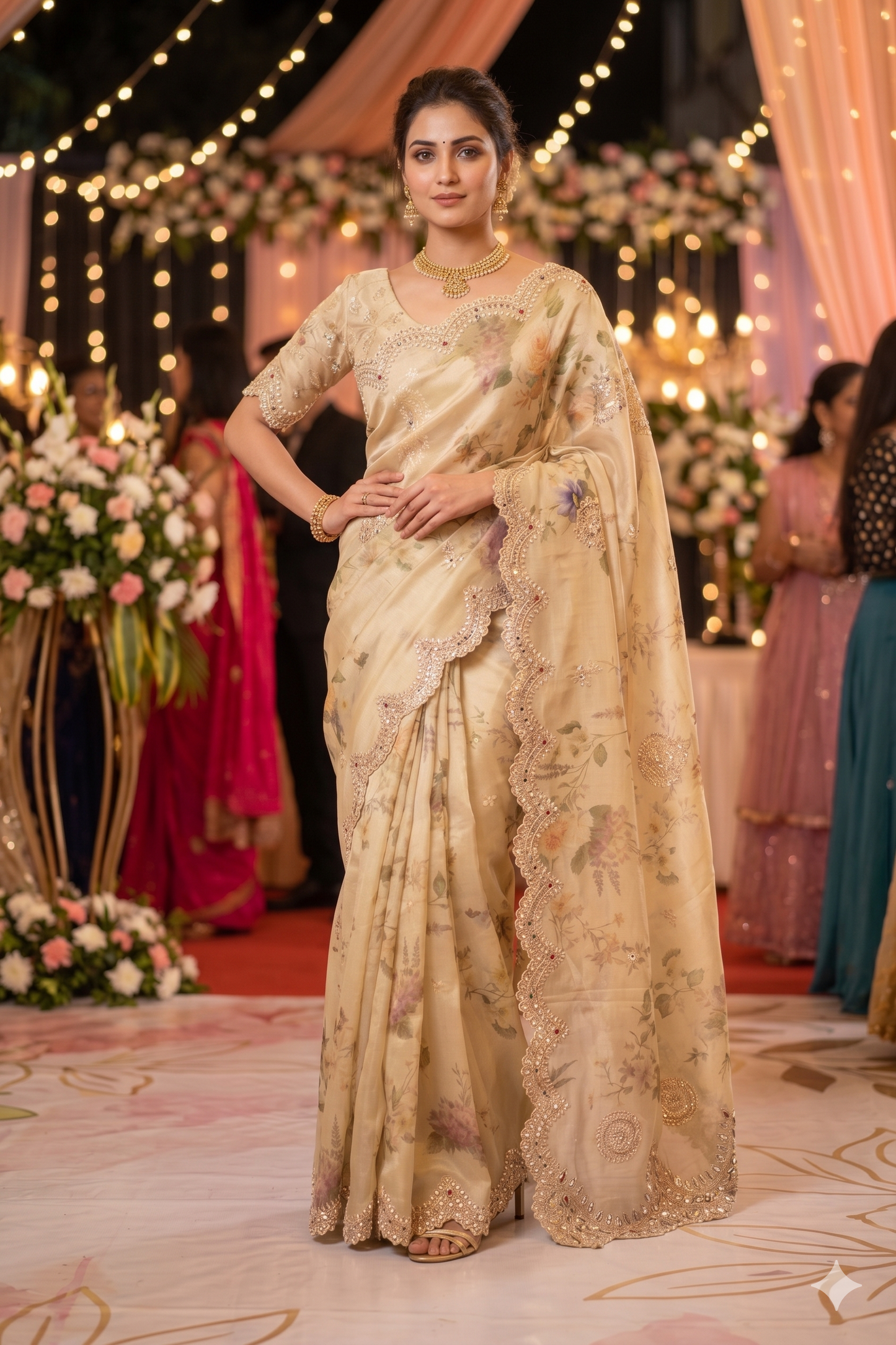 Golden Beige Soft Tissue Silk Embroidery Saree With Unstiched Blouse