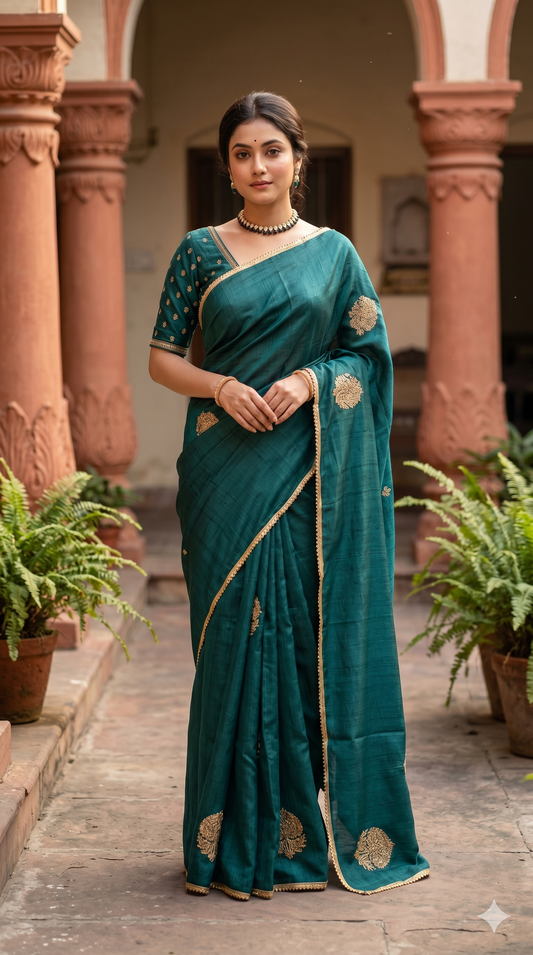 Bottle Green Tussar Zardosi Work Saree, With Unstiched Blouse