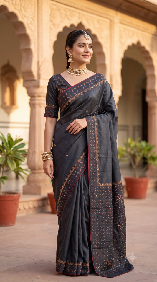 Black Tussar Saree With Applique Work, With Unstiched Blouse