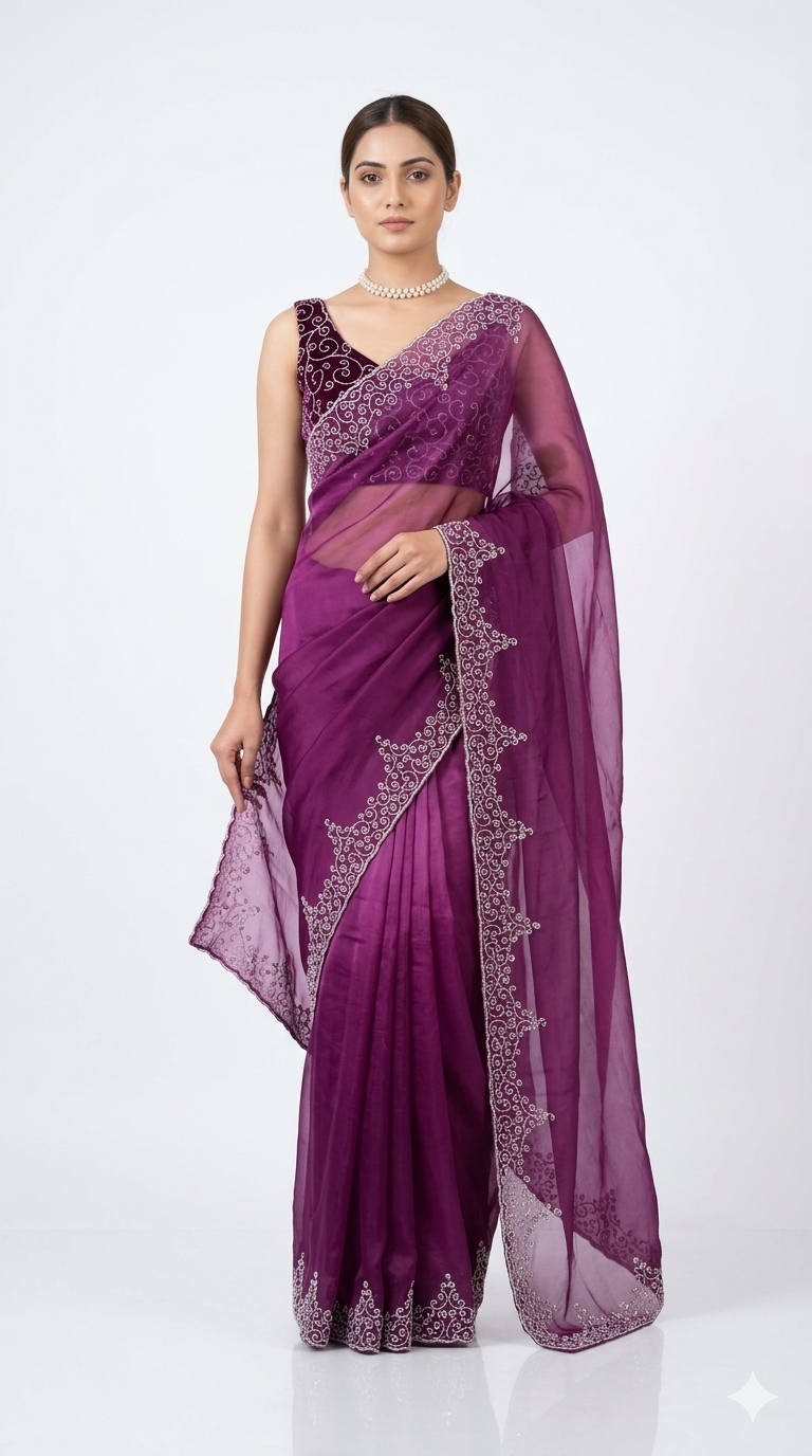 Purple soft organza silk saree with intricate embroidery, party wear design, paired with an unstiched blouse by Saarang Sarees.