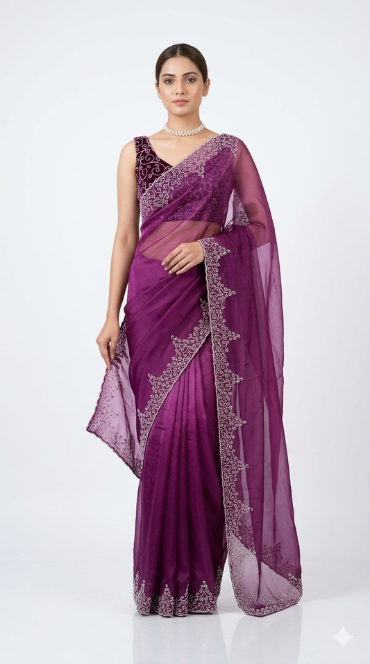 Purple soft organza silk saree with intricate embroidery, party wear design, paired with an unstiched blouse by Saarang Sarees.