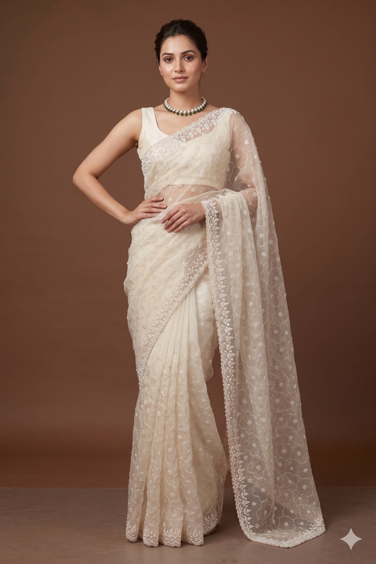 Off-White organza silk party wear saree with intricate embroidery and unstiched blouse from Saarang Sarees, perfect for special occasions.
