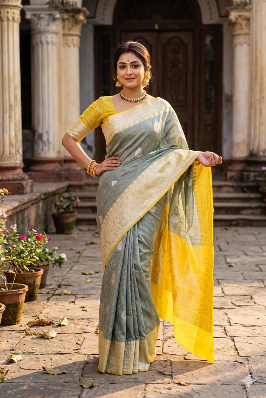 Greyish Blue Munga Banarasi Silk Saree, With Unstiched Blouse
