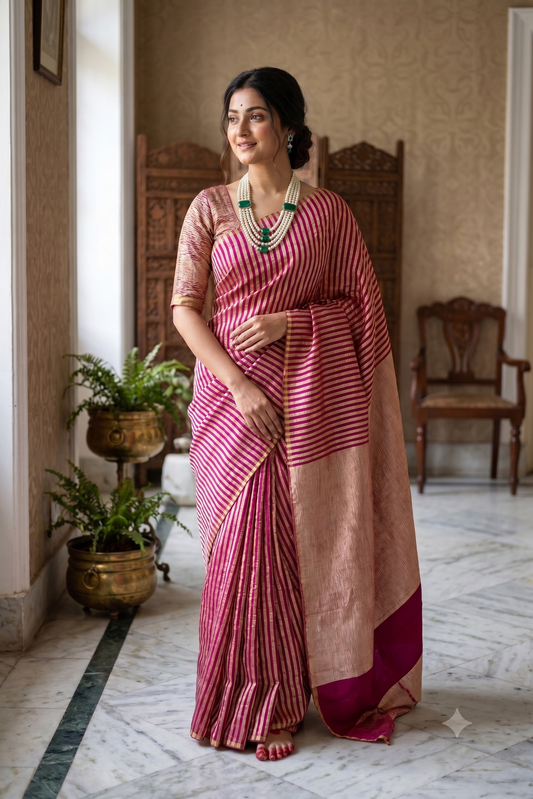 Red Zari Stripe Munga Borderless Saree, With Unstiched Blouse