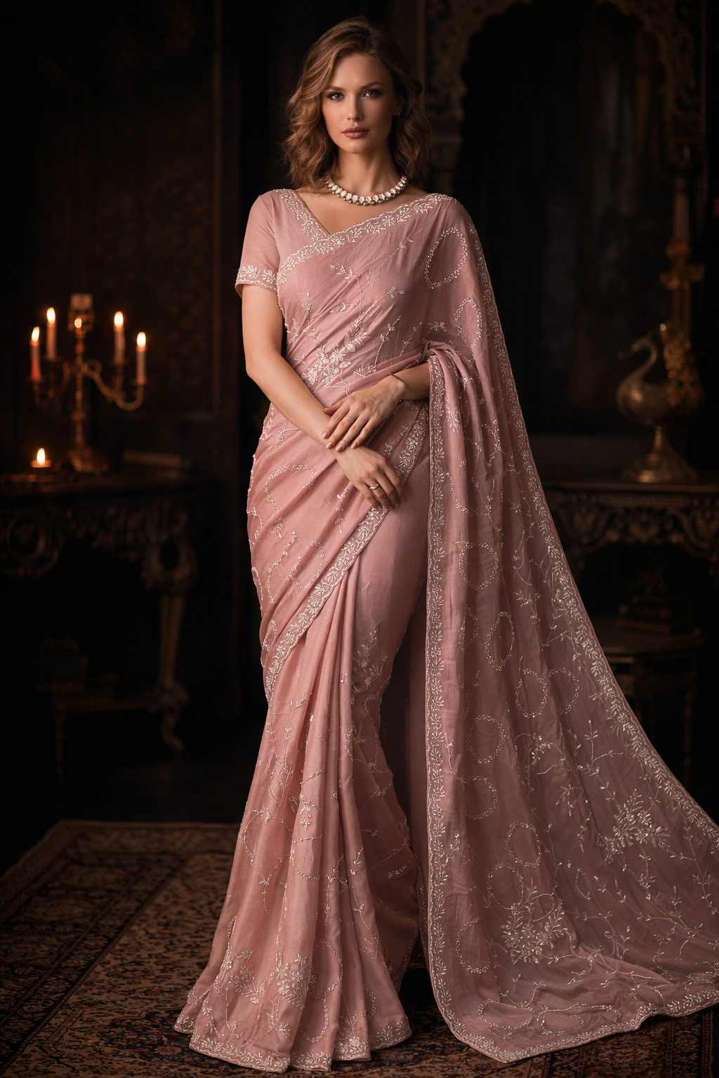 Pink Crepe Silk Saree With Embroidery Work, With Unstitched Blouse
