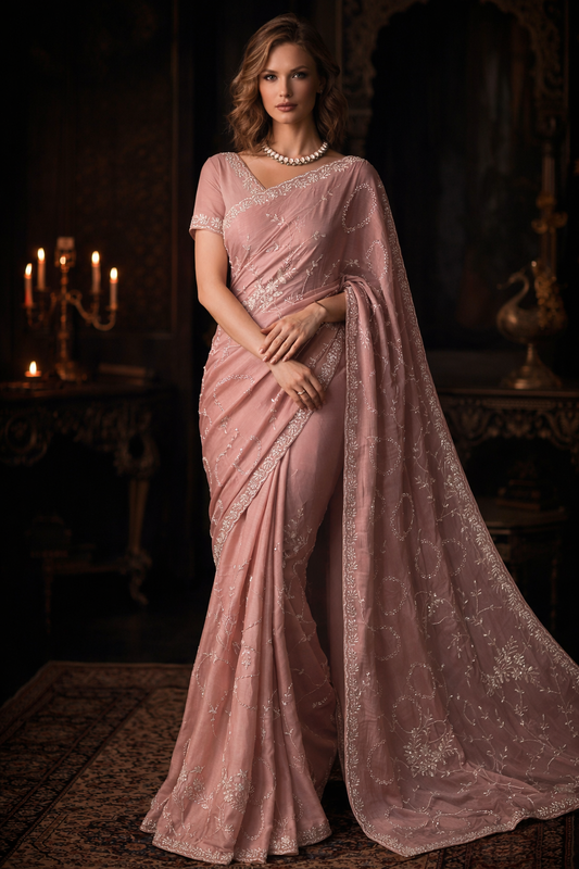Pink Crepe Silk Saree With Embroidery Work, With Unstitched Blouse