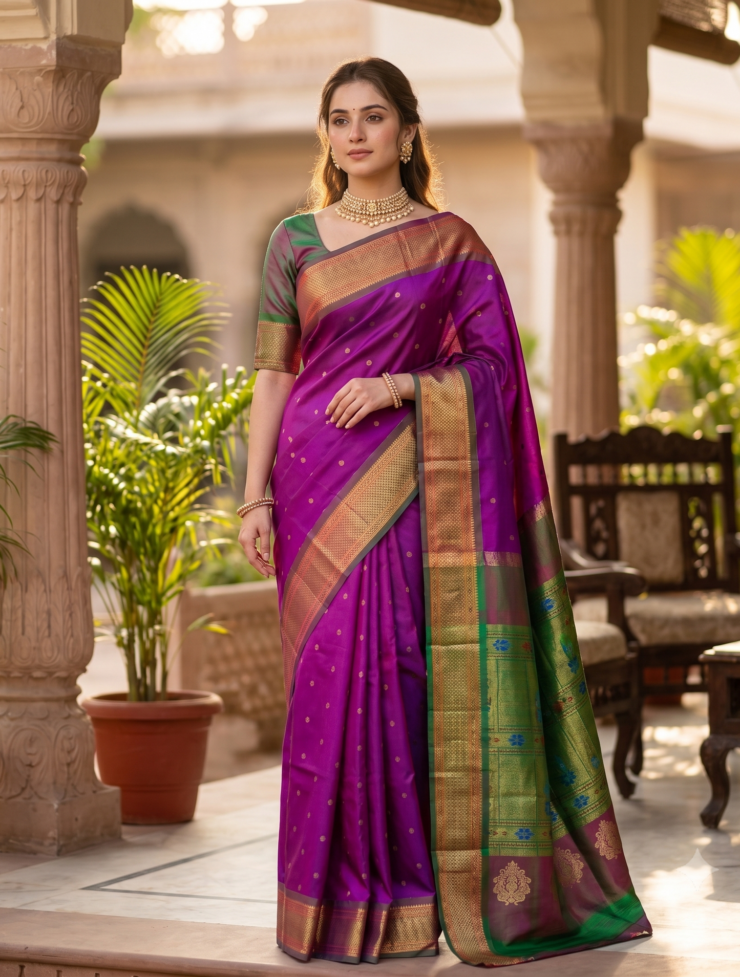 Purple Paithani Silk Saree, Multi Colour Weaving, With Unstiched Blouse