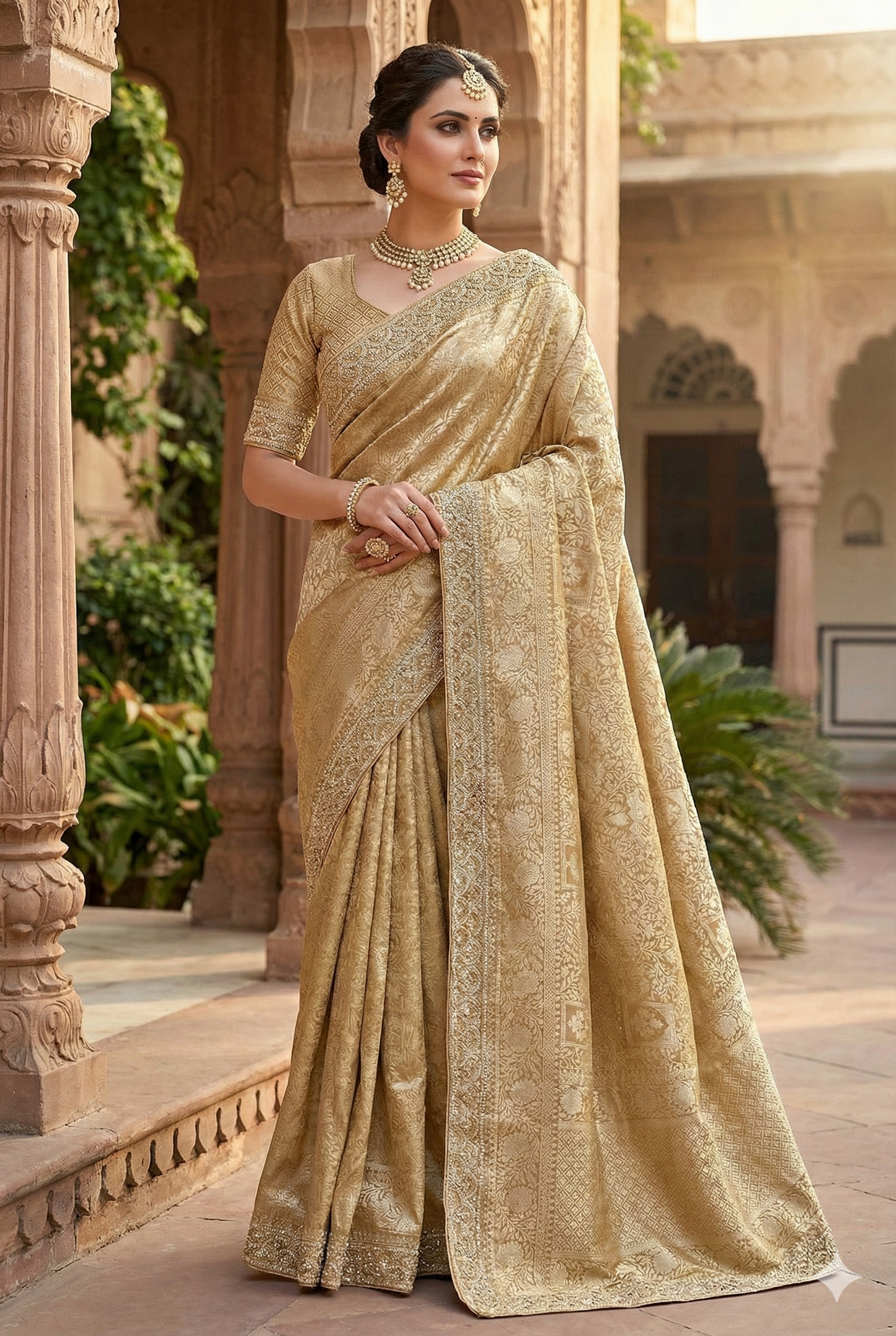 Beige Banarasi Silk Saree With Embroidery Border Work, With Unstiched Blouse