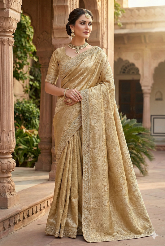 Beige Banarasi Silk Saree With Embroidery Border Work, With Unstiched Blouse