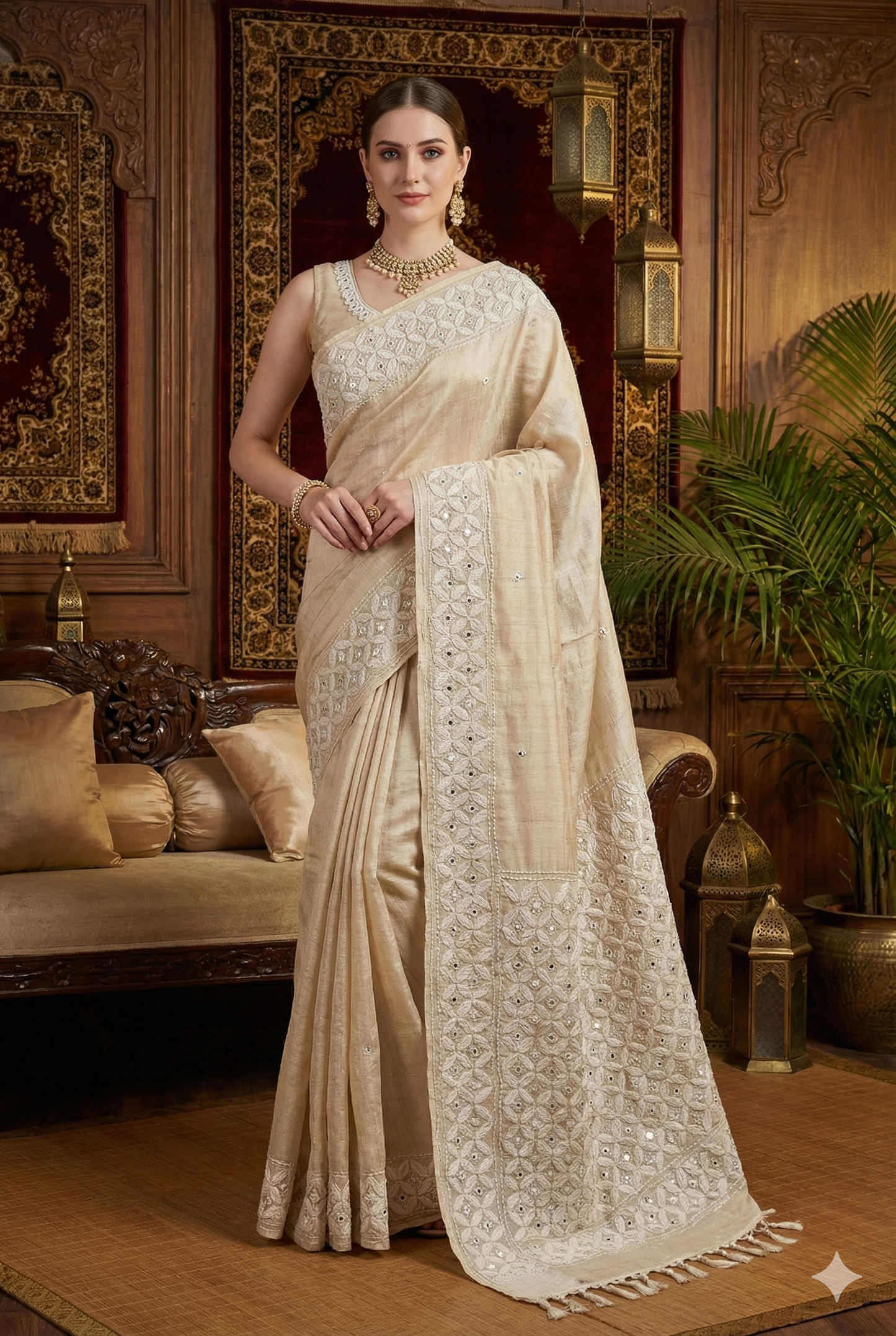 Offwhite Tussar Lambani Embroidery Saree, With Unstitched Blouse