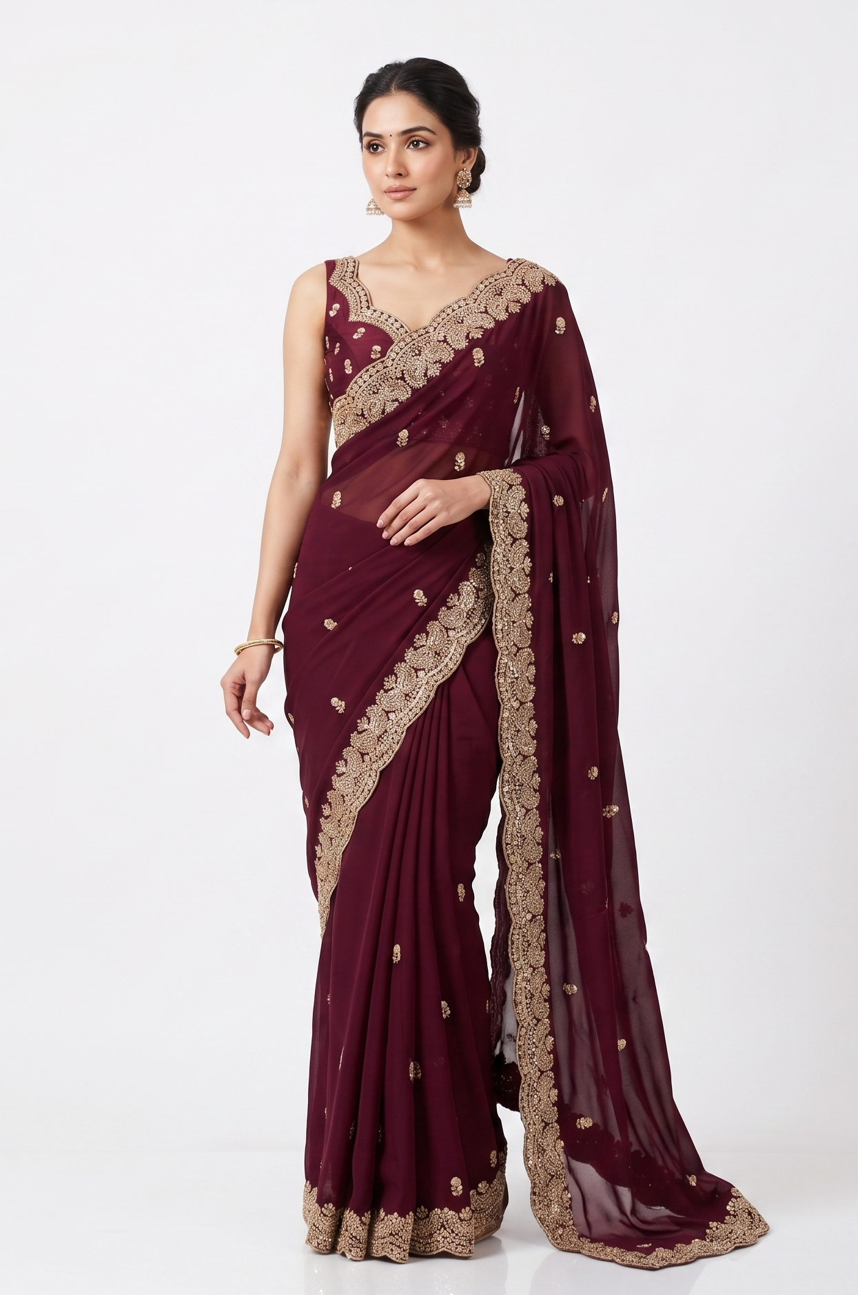 Wine Georgette Embroidery Work Saree, With Unstiched Blouse