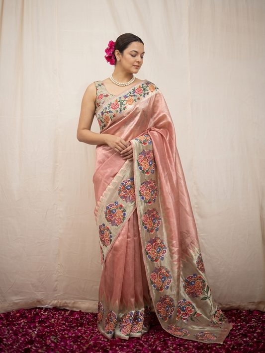 Peach Tissue Embroidery Saree, With Unstiched Blouse