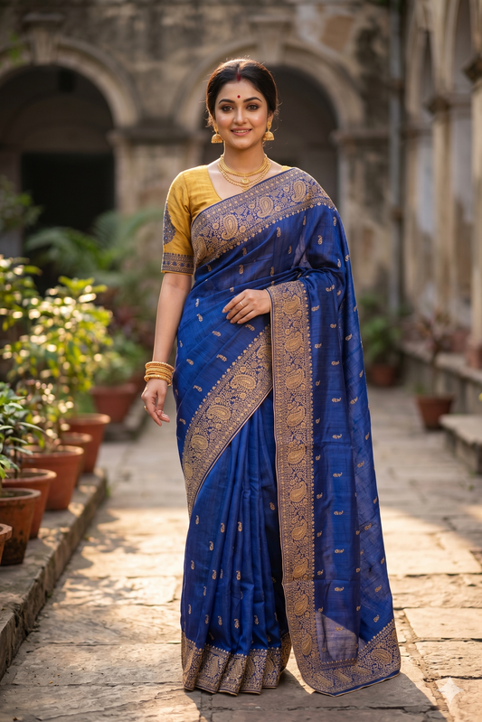 Deep Blue Tussar embroidery saree with Kashmiri work border and matching unstiched blouse, traditional wear by Saarang Sarees.