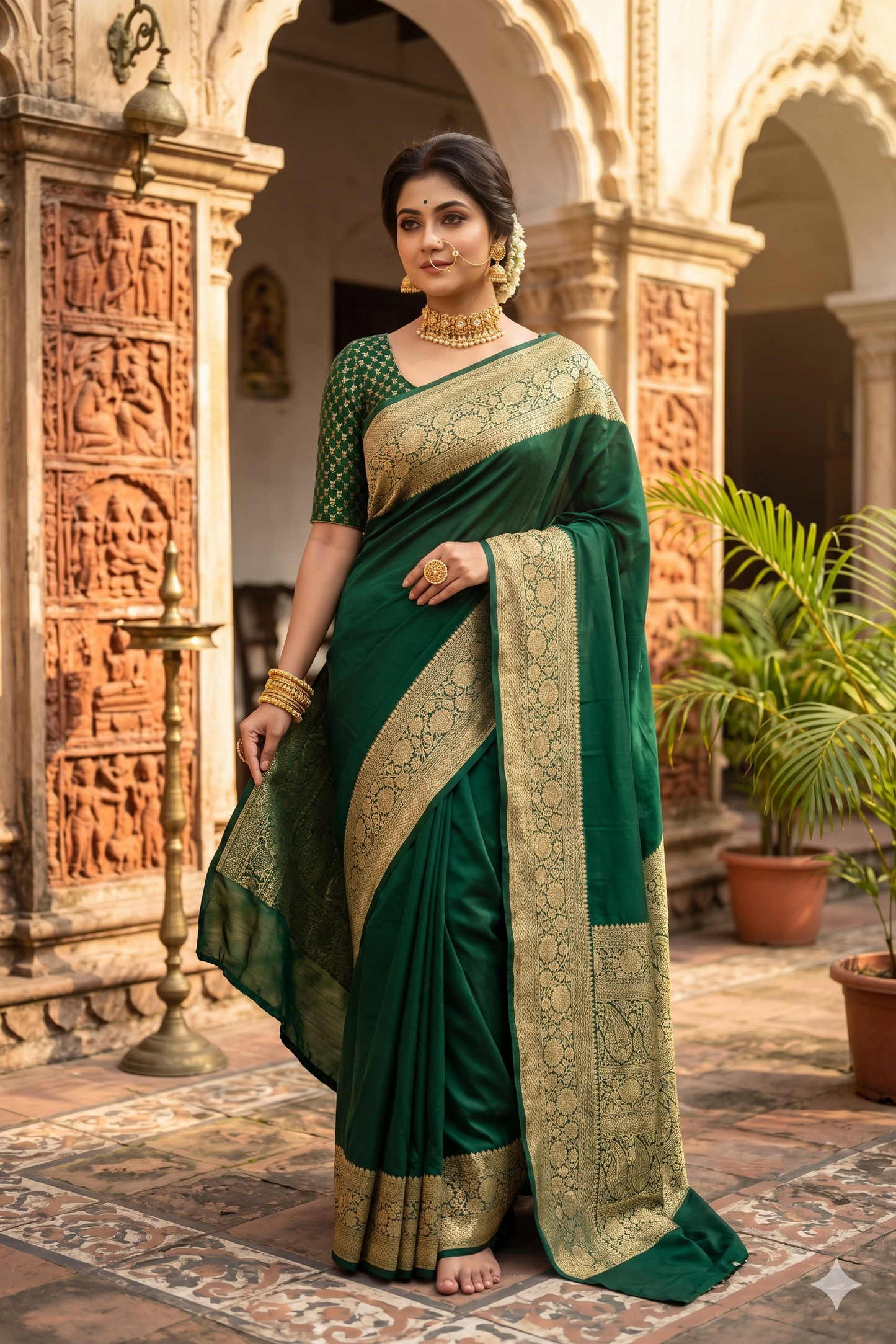 Forest green Mysore crepe silk Banarasi saree with intricate gold zari work and matching unstiched blouse, traditional Indian attire.