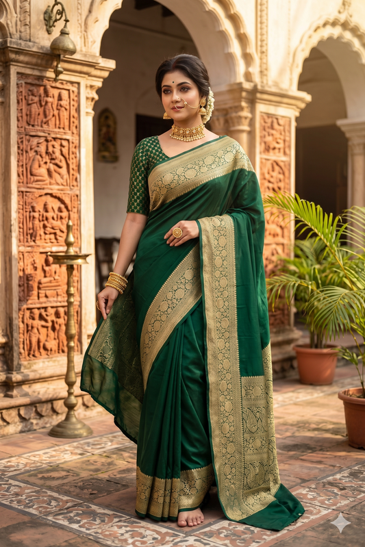 Forest green Mysore crepe silk Banarasi saree with intricate gold zari work and matching unstiched blouse, traditional Indian attire.