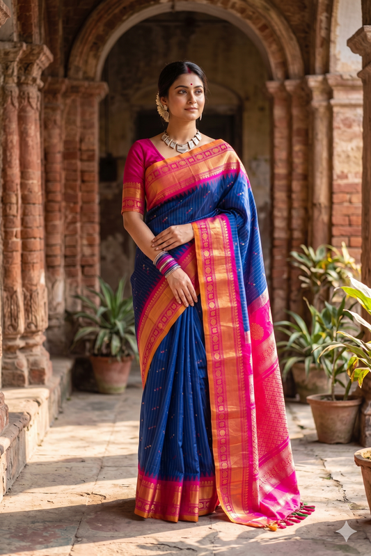 Indigo blue Gadwal silk saree with intricate border and matching unstiched blouse from Saarang Sarees, traditional Indian attire.