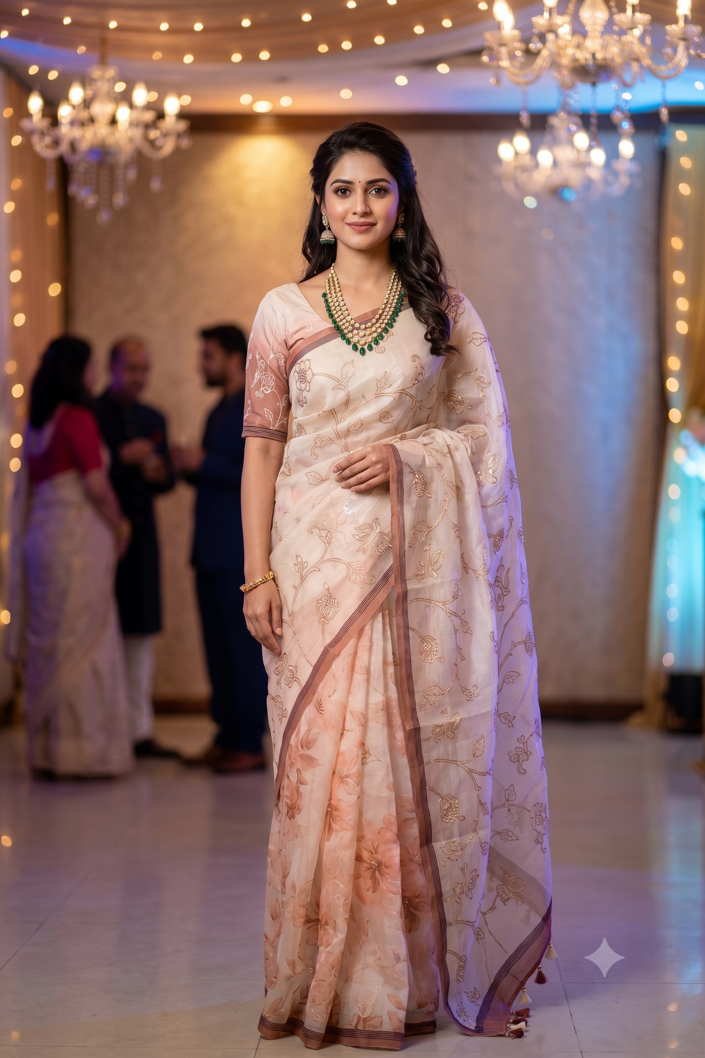 Off-White & Pink Organza Silk Embroidery Saree, With Unstiched Blouse