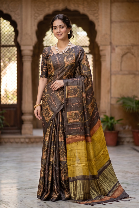 Brown Pure Modal Silk Ajrakh Printed Saree With Unstich Blouse