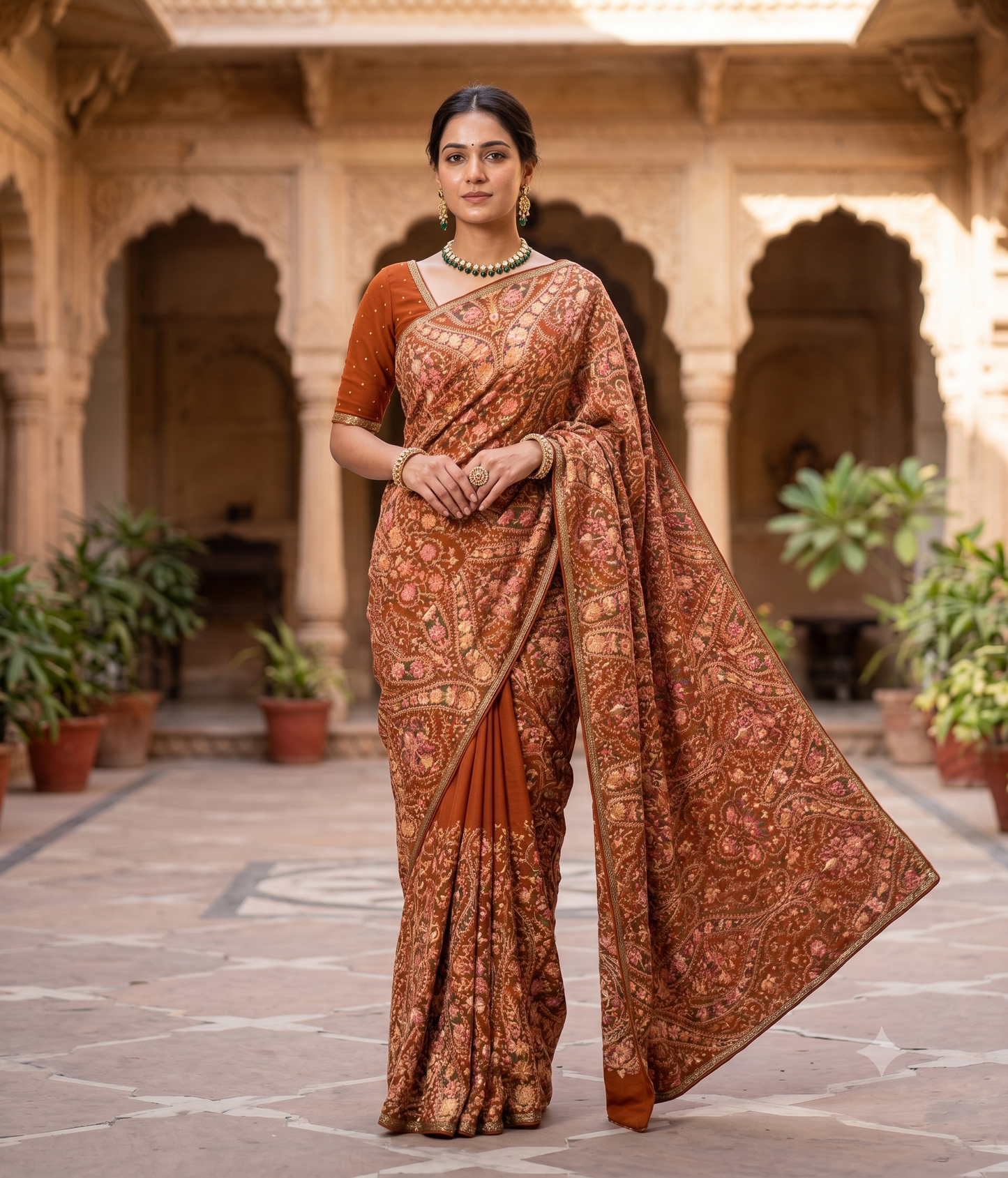 Dusty Orange Georgette Saree With Kashmiri Embroidery Work, With Unstiched Blouse