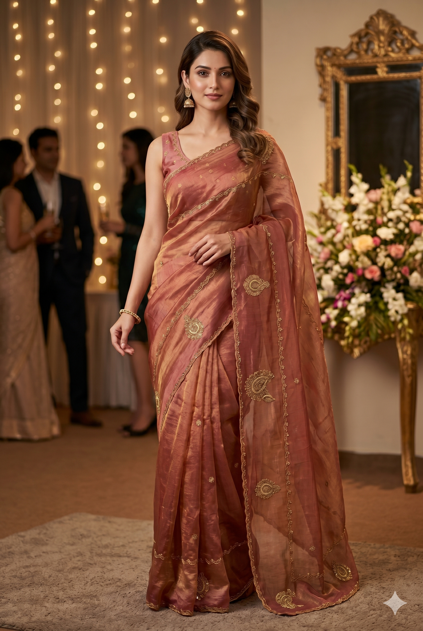 Golden Pink Tissue Silk Embroidery Saree, With Unstiched Blouse