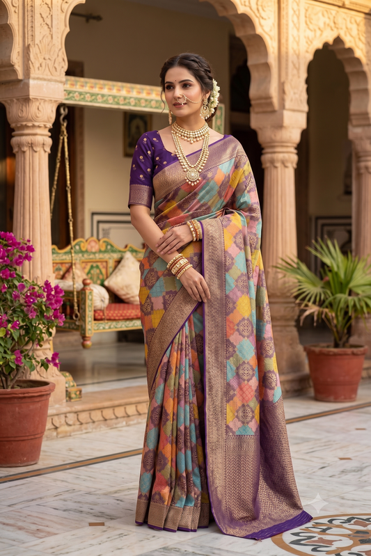 Multi & Purple Georgette Saree With Rangcut Work, With Unstiched Blouse