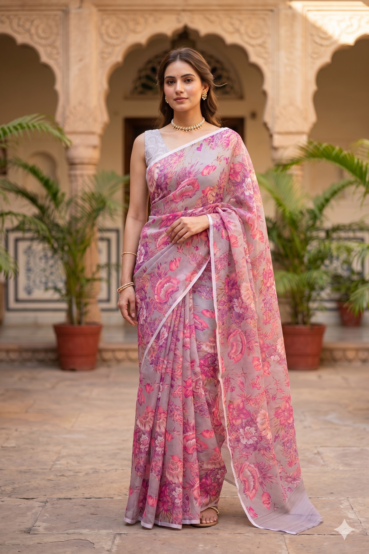 Grey Floral Printed Chiffon Saree, With Unstiched Blouse Piece