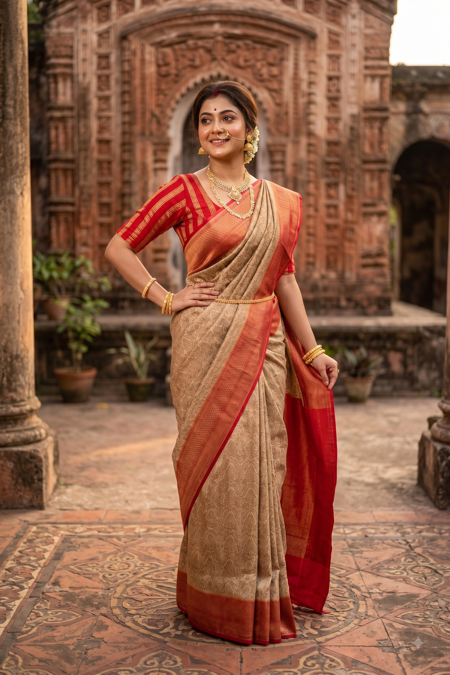 Beige Brocade Kora Banarasi Silk Saree, With Unstiched Blouse
