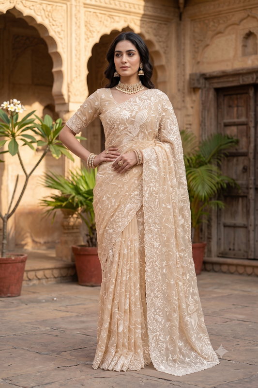 Off-White Georgette Saree With Parsi Work, With Unstiched Blouse