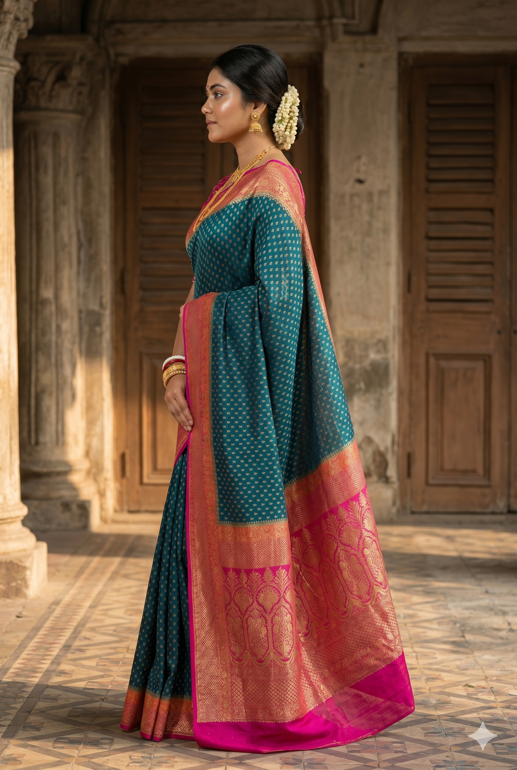 Deep green crepe Banarasi silk saree with intricate gold zari work and matching unstiched blouse, traditional wear by Saarang Sarees.