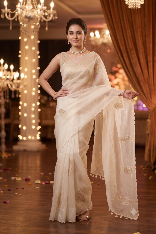 Off-White Organza Saree With Appliqué Work, With Two Unstitched Blouse