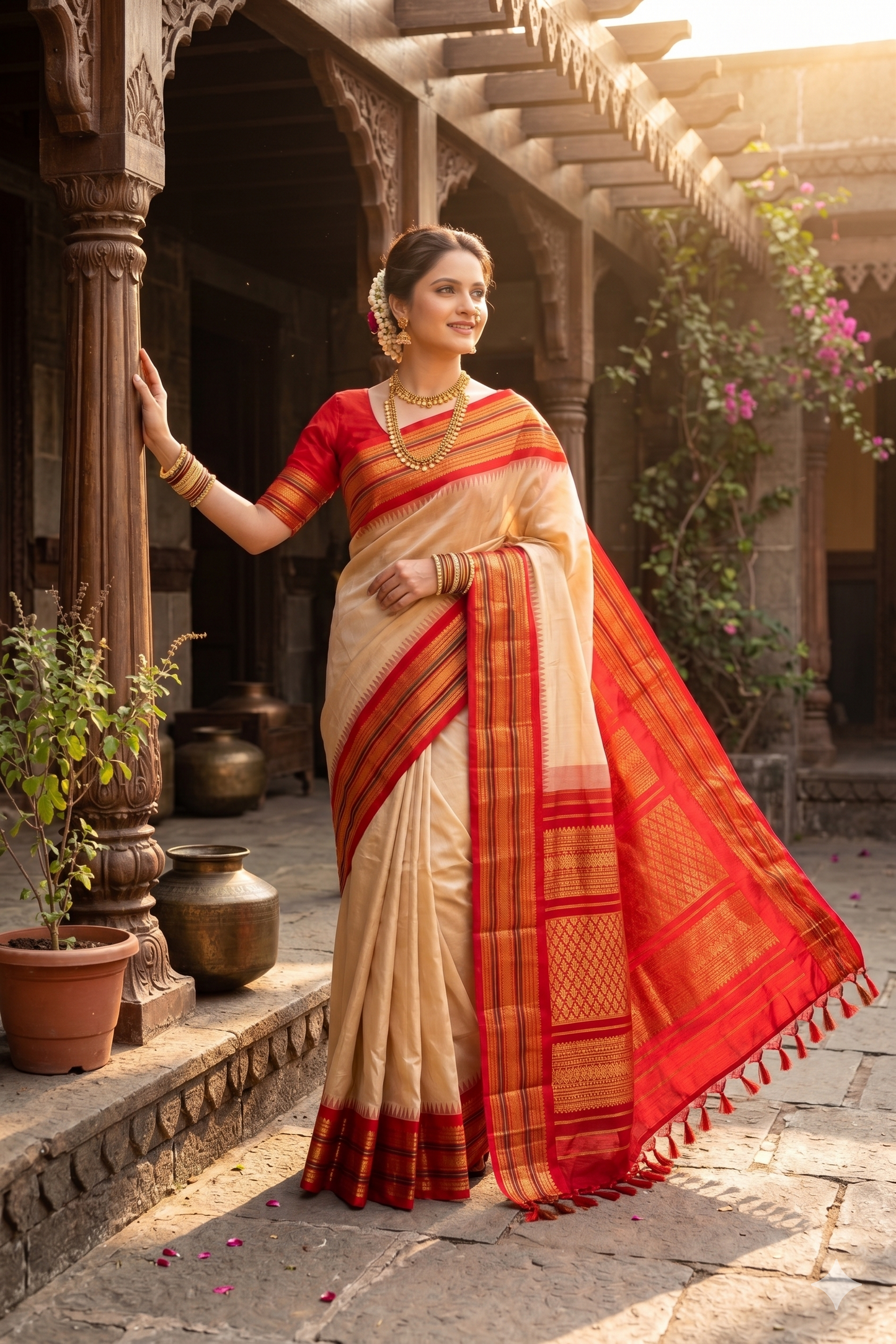 Off-White Gadwal Silk Saree with traditional design and matching unstiched blouse, showcasing intricate weaving and vibrant color.