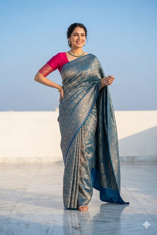 Royal Blue Mysore Crepe Saree With Meenakari Work, With Unstiched Blouse