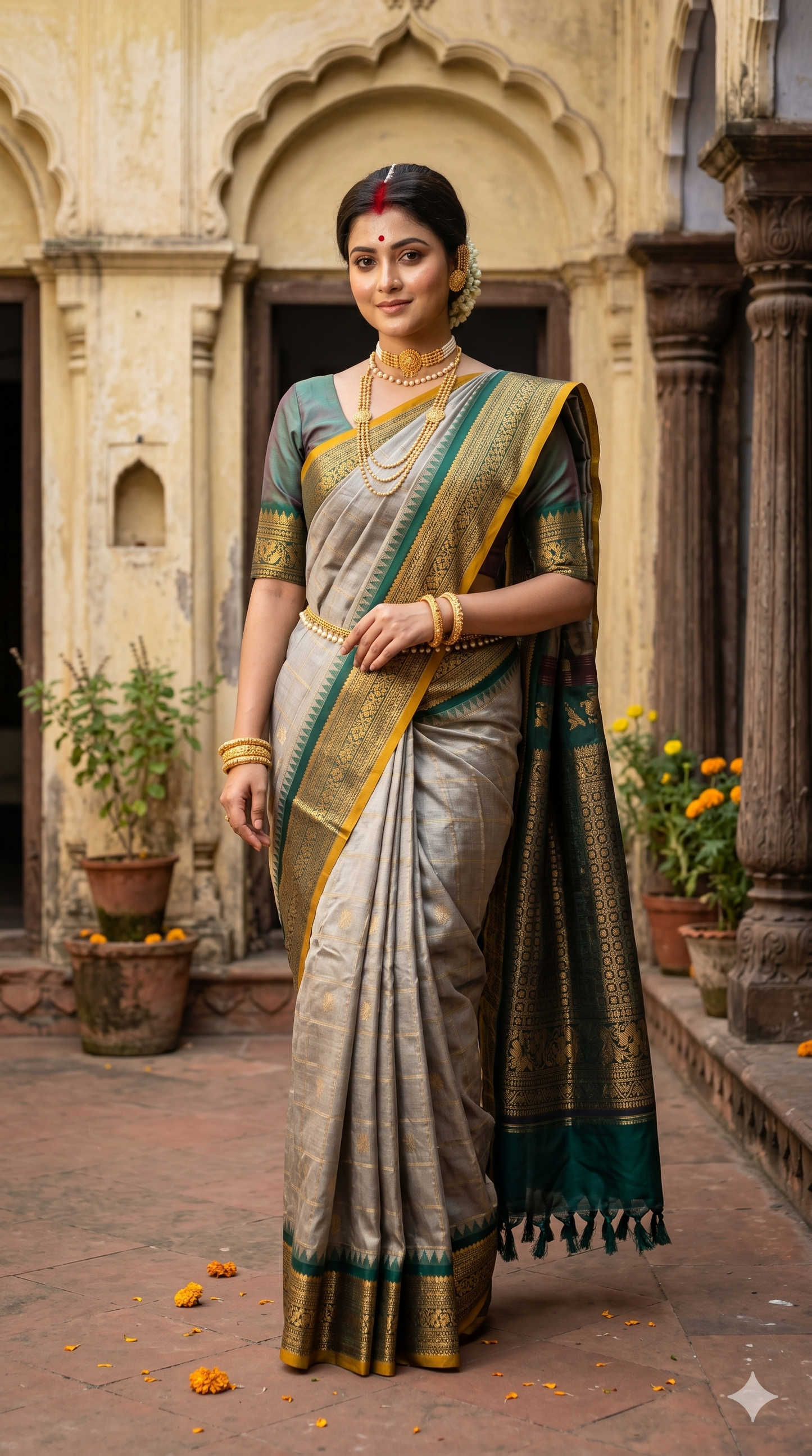 Grey Gadwal silk saree with traditional gold border and matching unstitched blouse from Saarang Sarees, displayed flat.