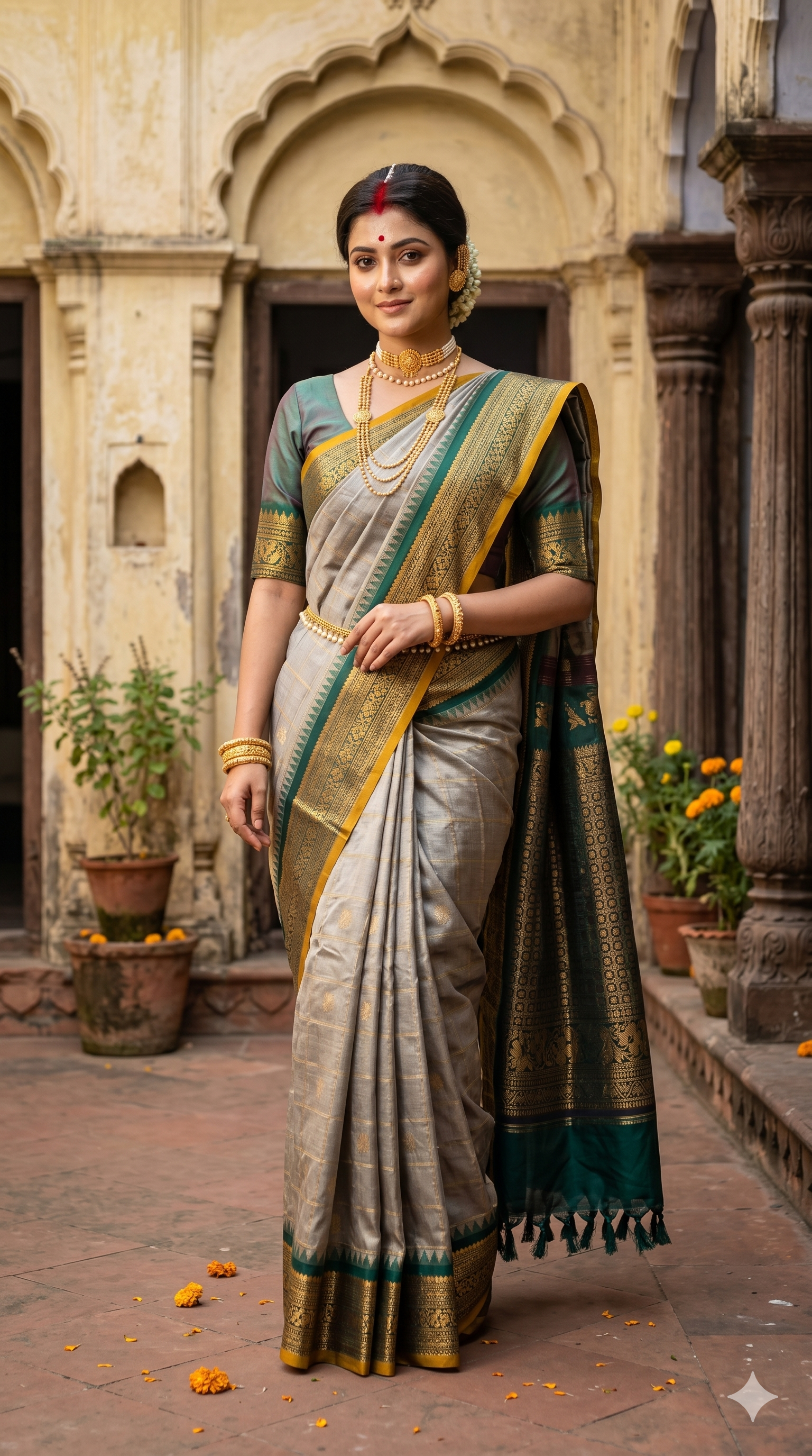Grey Gadwal silk saree with traditional gold border and matching unstitched blouse from Saarang Sarees, displayed flat.