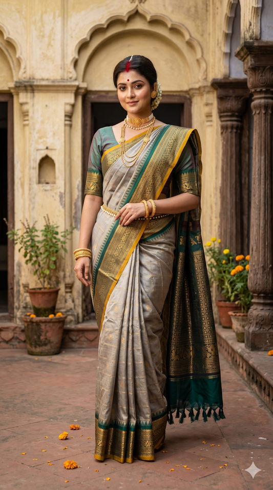 Grey Gadwal silk saree with traditional gold border and matching unstitched blouse from Saarang Sarees, displayed flat.