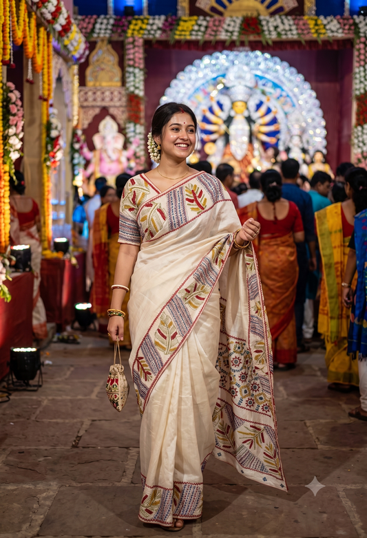 Off-White Tussar Embroidery Saree With Lambani Work Border, With Unstitched Blouse